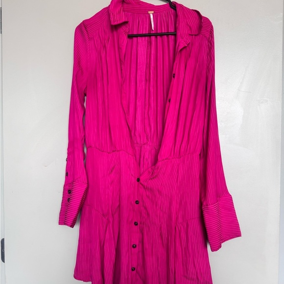 Free People Everly Shirtdress in Bright Pink Phenom Small - Picture 3 of 5
